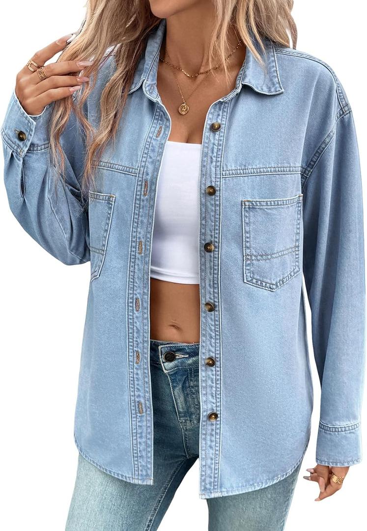 Sidefeel Women Denim Shirts Oversized Long Sleeve Button Down Blouse V Neck Casual Top Shackets (Large, Sky Blue)