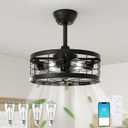 VOLISUN Caged Ceiling Fan with Light, 16.5in Black Fandelier with Remote, Farmhouse Bladeless Ceiling Fan Lights for Kitchen, Bedroom (4 * 5000K Bulbs Included) (16.5 INCH, Include 5000K Bulbs)