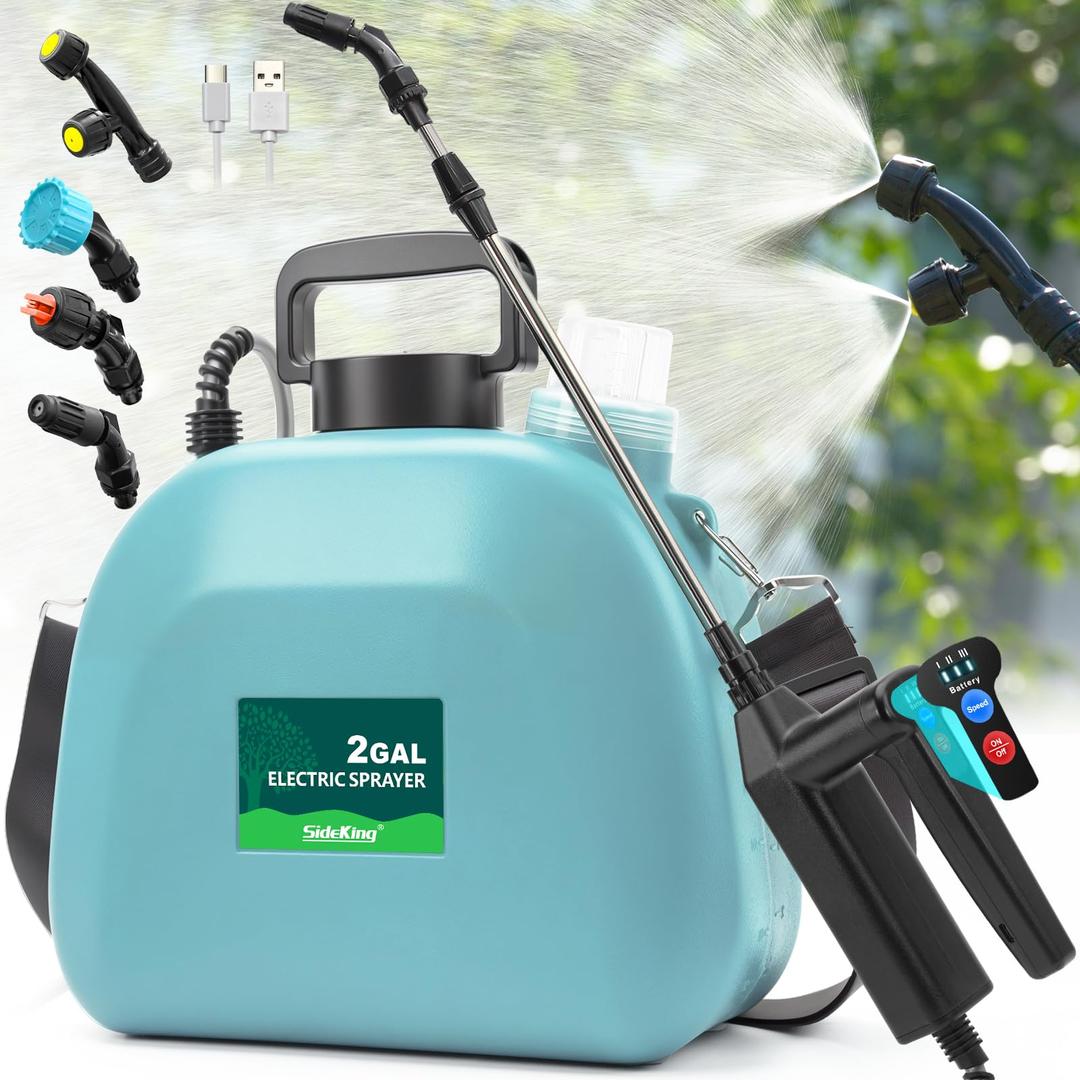 Battery Powered Sprayer 2 Gallon, 2025 Upgraded Electric Weed Sprayer with 3 Spray Forces, Battery Indicator, Rechargeable Handle,4 Mist Nozzles,23.6" Retractable Wand,Shoulder Strap, for Lawn&Garden