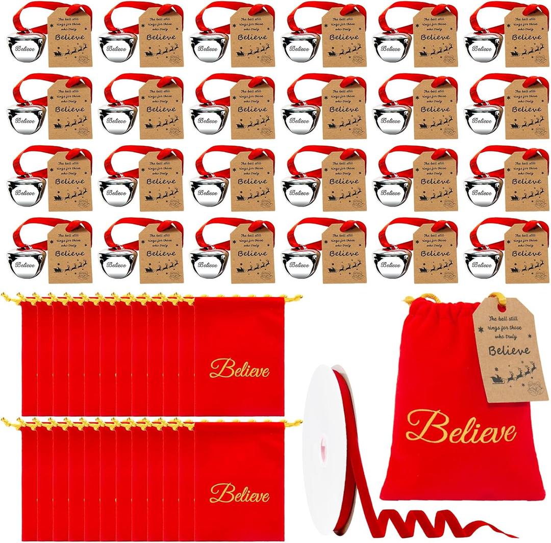 24 Sets Christmas Believe Bells Polar Express Santa Gifts Reindeer Ornaments With Velvet Bag, Tags and Ribbon - Christmas Favors for Adults, Tree Home Decor Keepsake