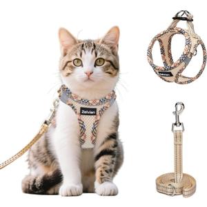Cat Harness and Leash Set for Walking, Escape Proof Adjustable Soft Mesh Kitten Harness with Reflective Strips, Breathable No-Choke Pet Vest for Small Cats or Puppies(Beige,S)
