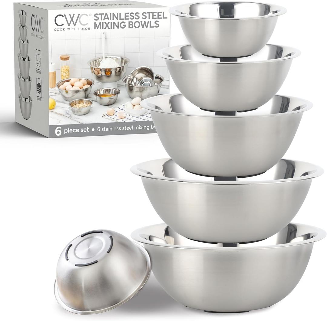 COOK WITH COLOR Stainless Steel Mixing Bowls Set - Nesting Bowls, 6 Pieces, Silver with Non Slip Bottom
