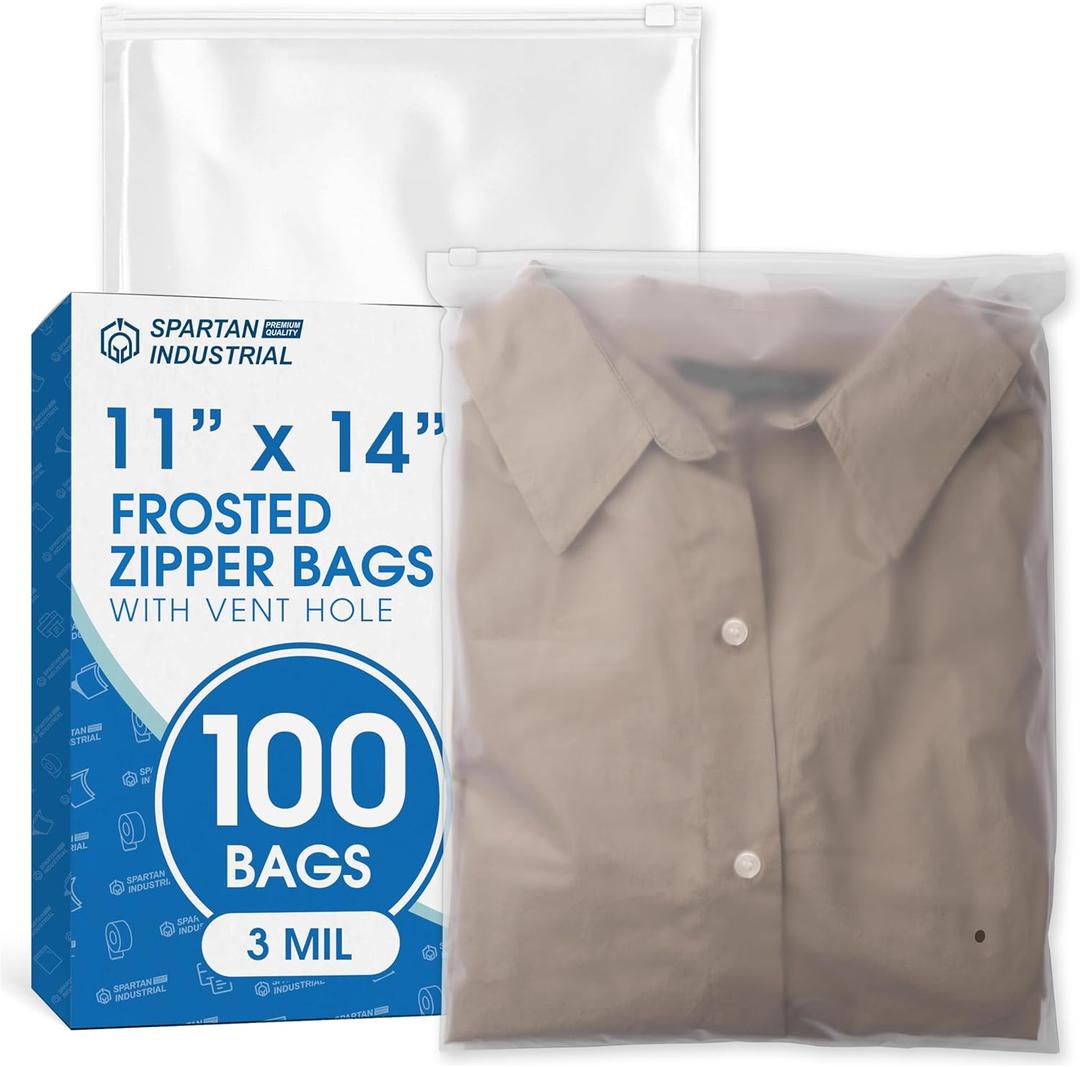 Spartan Industrial - 11” X 14” (100 Count) 3 Mil Frosted Reclosable Zip Plastic Bags with Resealable Lock Seal Zipper and Vent Hole | For Packaging Clothes, Shirts & More