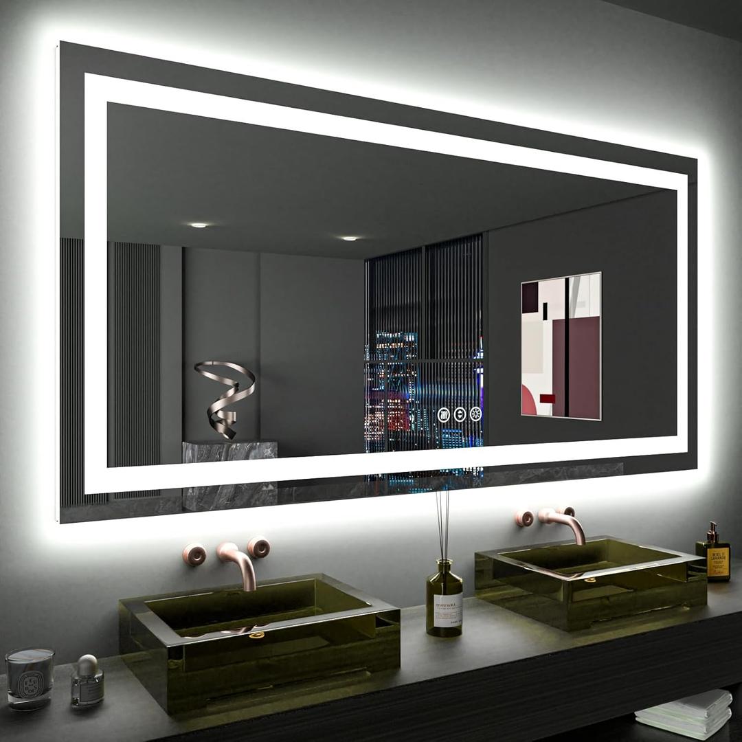 LOAAO 60X36 LED Bathroom Mirror with Lights, Anti-Fog, Dimmable, Backlit + Front Lit, Lighted Bathroom Vanity Mirror for Wall, Memory Function, Tempered Glass