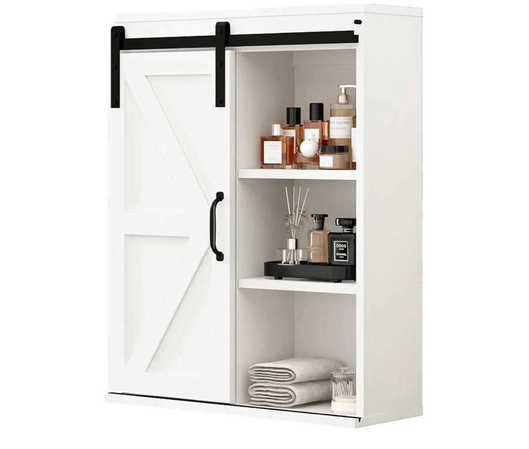 RUSTOWN Farmhouse Wood Wall Storage Bathroom Cabinet with Sliding Barn Door, Rustic Medicine Cabinet with Adjustable Shelf, 3-Tier Vintage Cabinet for Kitchen, Bathroom, Living Room (Vintage White) RUSTOWN Farmhouse Wood Wall Storage Bathroom Cabinet with Sliding Barn Door, Rustic Medicine Cabinet with Adjustable Shelf, 3-Tier Vintage Cabinet for Kitchen, Bathroom, Living Room (Vintage White)