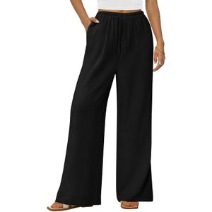 PRETTYGARDEN Summer Wide Leg Linen Pants Women with Pockets High Waist Drawstring Loose Casual Palazzo Lounge Pants Women (Small, Black)