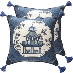 bilin gaier Chinoiserie Throw Pillow Covers Set of 2,Classic Chinoiserie Blue and White with Pavilion Pattern Linen Throw Pillowcases,Decorative Square Cushion Covers for Couch Bed Car,18x18 Inches
