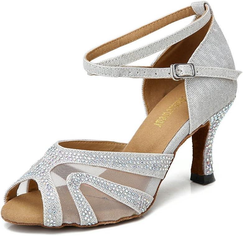 Rhinestones Ballroom Dance Shoes Women Latin Salsa Bachata Performance Dance Shoes Suede Sole (9, Silver-2.5inch Heels)