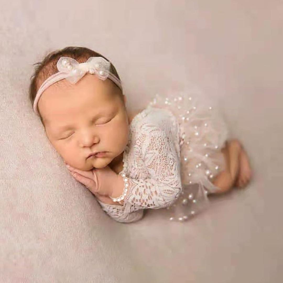 Newborn Photography Outfits Girl, 2 PCs Baby Girl Photoshoot Props, Newborn Lace Romper with Headband Set for Photo Shoot (White Long Sleeve)