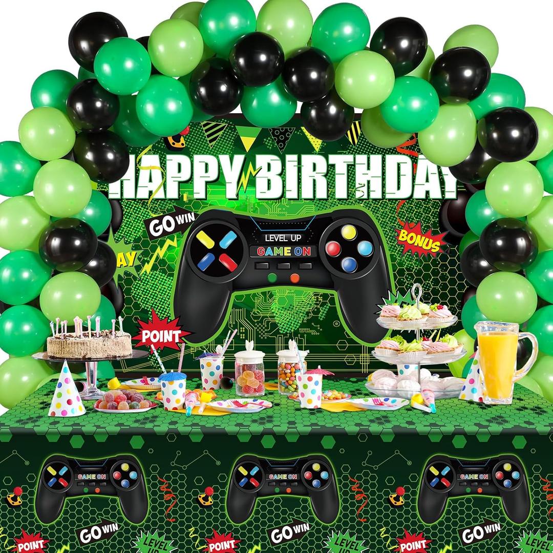 Video Game Birthday Party Decorations Set Gaming Happy Birthday Supplies Includes Video Game Backdrop, Table Covers, Balloons and Foil Gamer Balloons for Party(Green and Black)