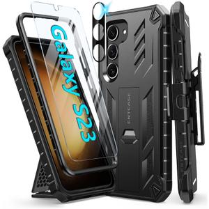 FNTCASE for Samsung Galaxy S23 Case : with Belt-Clip Holster & Kickstand Heavy Duty Rugged Shockproof Protective Phone Shell | Military Grade Protection Durable Cover for Galaxy S23 - Black (Galaxy S23 6.1 inch)