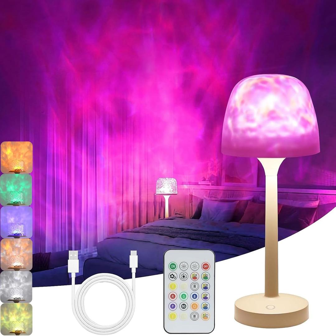 Cordless Shower Lamp, Bedside Lamp, Touch Ocean Wave Projector Light, 3 Way Color Temperature, 16 Color Changing Light, Dimmable, Rechargeable Aurora Night Lights for Bedroom Bathroom, Waterproof