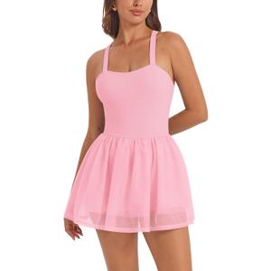 ABOCIW Womns Mesh Hem Tennis Dress Built in Bra and Shorts Cross Back Workout Golf Athletic Dress with Pocket, Large