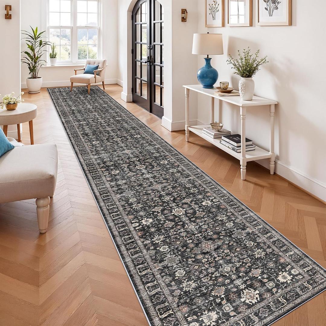 Long Hallway Runner Rug 3x25: Non Slip Runner Rugs with Rubber Backing Soft Kitchen Rug Farmhouse Distressed Carpet Runner for Living Room Bedroom Bathroom (Dark Black Gray, 3X25)