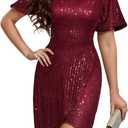Dressystar Women Sequin Cocktail Prom Dress Semi Formal V Neck Short Sleeve Glitter Sparkly Bodycon Elegant Party Dresses (Red, XL)