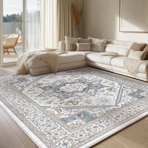 OPPODREAM Soft Neutral Area Rugs 9x12 Living Room, Washable Rugs 9x12 with Non Slip Backing, Faux Cashmere Low-Pile 9 x 12 Carpet, Cream White & Blue & Light Brown