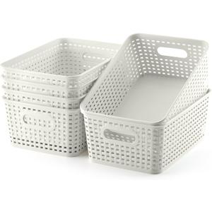 Plastic Storage Baskets Set of 6 Sturdy Pantry Organizers and Storage Bins Storage Container for Shelves, Countertops, Desktops, Cabinets, Bedrooms,White