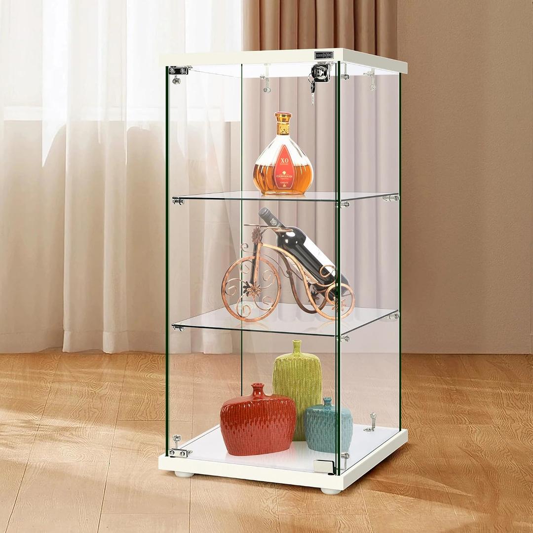 VIVOHOME 3 Layers 16''W x 16''D x 33''H Glass Display Cabinet Showcase Countertop with Lock, 4mm Tempered Glass 25mm MDF Base