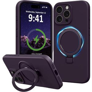 for iPhone 16 Pro Case Stand, Slim Comfortable Liquid Silicone Phone Cases Compatible with MagSafe Magnetic Ring Kickstand Stand Full Camera Protection for iPhone 16 Pro 6.3", Purple