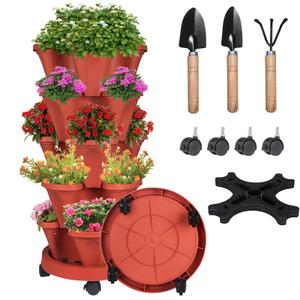 Vertical Strawberry Planter-5 Tier Stackable Herb Tower Planters Stacking Garden Planters Pot Outdoor with Tools Removable Wheels for Growing Flowers, Vegetables and Succulents
