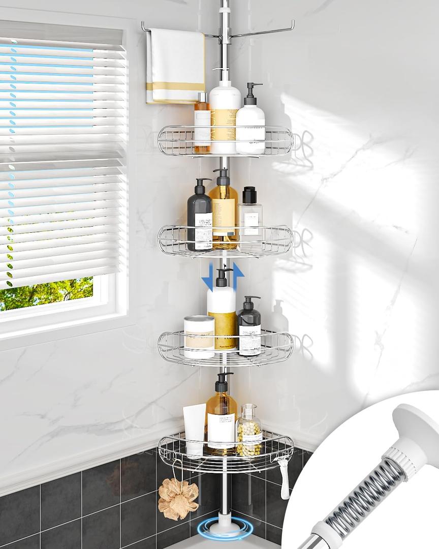 ALLZONE Corner Shower Caddy Tension Pole, 4-Tier Adjustable Shelves, Rustproof Bathroom Shower Organizer Corner for Inside Shower Storage, Tension Mounted, 56 to 113 Inch Height, Sliver (Silver)