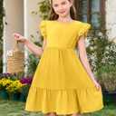 Haloumoning Girls Dresses Kids Summer Double Layer Ruffle Sleeve Dress (Yellow, S)