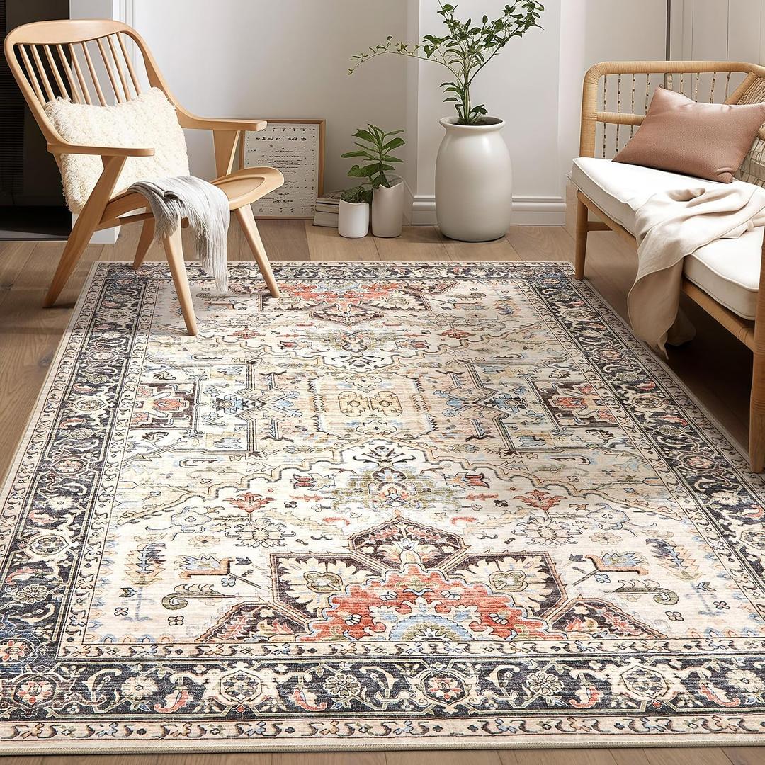 Area Rug 5x7 for Living Room - Washable Oriental Vintage Floral Distressed Large Indoor Carpets with Non Slip Back for Bedroom Dining Room Nursery Office Home Decor -Multi