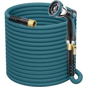 FlexiSolve Garden Hose 100 ft, Non-Expandable Lightweight Water Hose, 360 Rotating Anti-Kink Fittings, 10-Pattern Spray Nozzle & Shut-Off Valve, Flexible Water Hose for Yard, Lawn, Car Wash, Blue