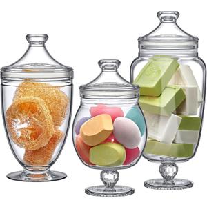 Amazing Abby - Admire - Acrylic Apothecary Jars (3-Piece Set), Plastic Jars with Lids, Bathroom Canisters, Vanity Organizers, Candy Buffet, Wedding Display, BPA-Free and Shatter-Proof