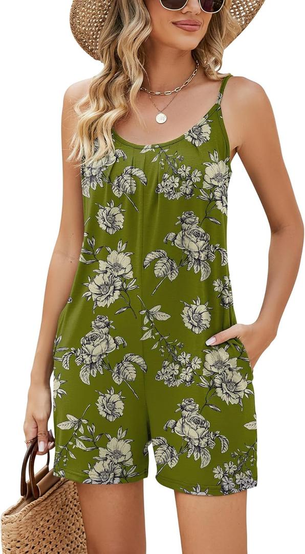 LOMON Womens Casual Summer Sleeveless Romper Loose Adjustable Spaghetti Strap Stretchy Shorts Jumpsuits with Pockets (Green, L)