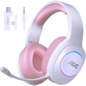 AOC Wireless Gaming Headset Compatible with PS5/4, Switch, PC- Pink | USB-C & Bluetooth 5.4 & 2.4GHz Gaming Headphones with Noise Canceling Mic, 7.1 Virtual Surround, 20ms Latency, 45H, RGB