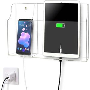 Yoillione Wall Mount Tablet and Phone Charging Stand for Tablet, Smartphone, E-Book, 2 Slots Remote Control Holder for TV, Clear Acrylic Remote Storage Media Organizer Box - Product 2.0 Size Upgrade
