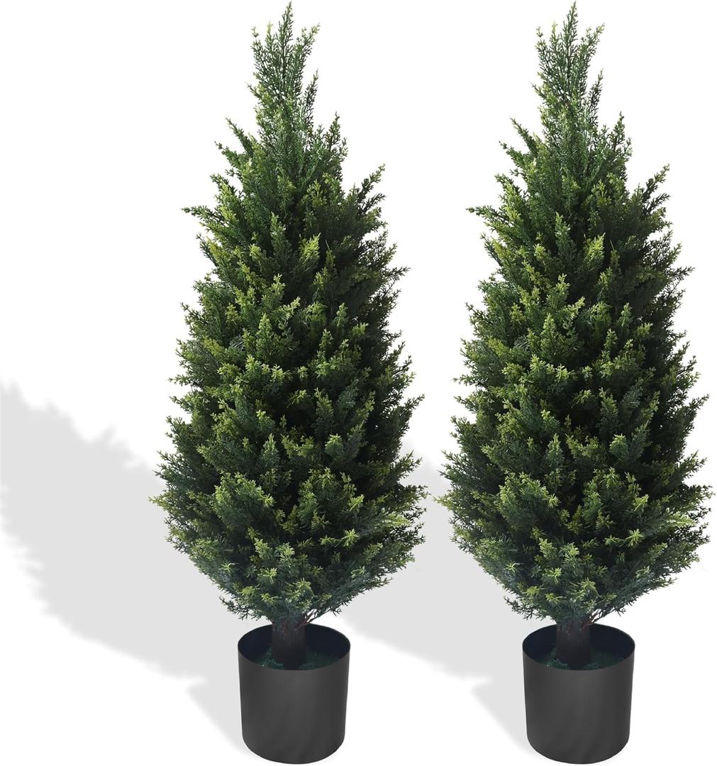 Artificial Topiary Tree - 2 Pack 37Inch Artificial Cedar Topiary Trees, UV Protection Potted Shrubs for Front Door, Durable 5" Wide Heavy Duty Pots for Outdoor & Indoor Decor