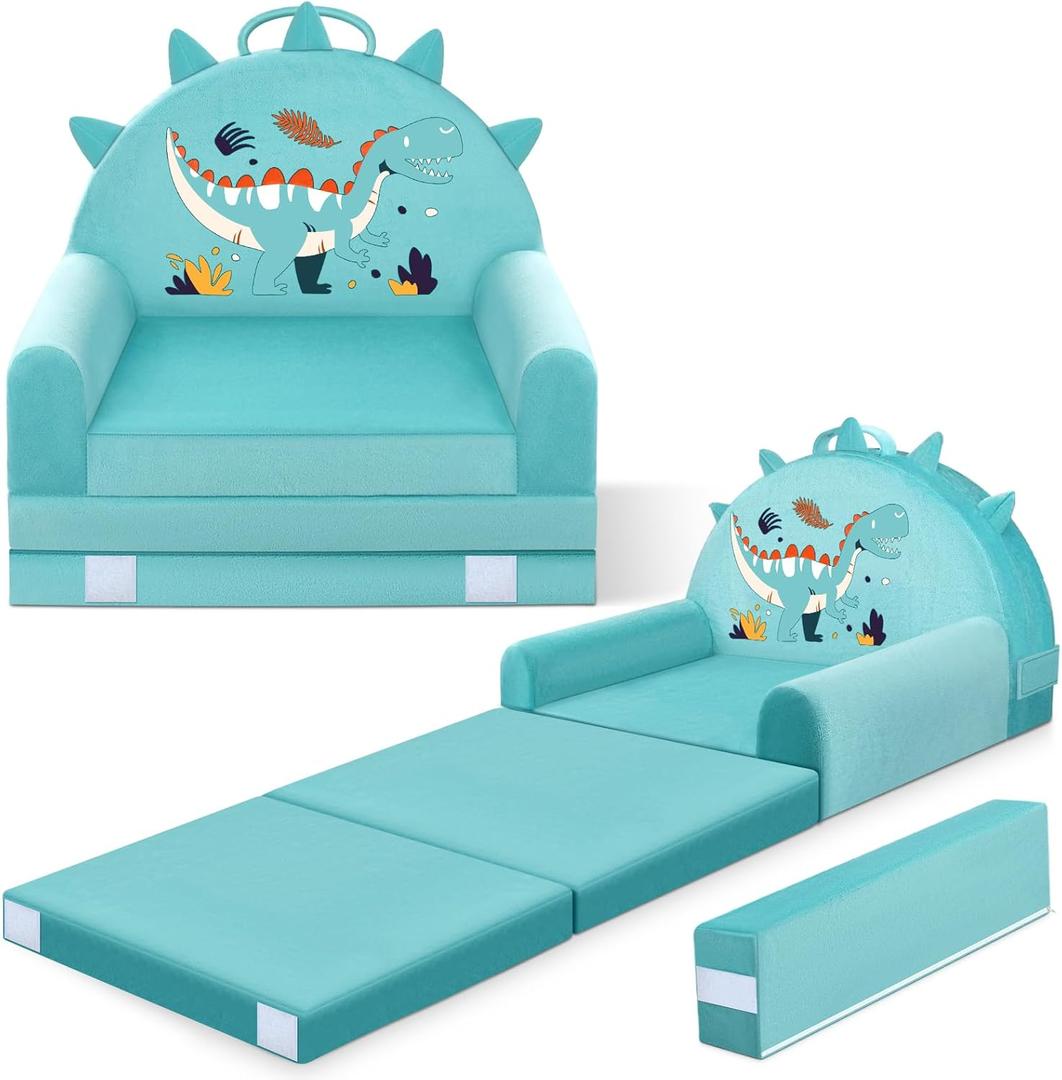 Dinosaur Kids Sofa Bed with Removable Washable Cover & Magic-Tape Backrest Foldable Toddler Chair Kid Couch, Cozy Crystal Velvet Furniture for Playtime, Naps & Travel (Soft Ggreen, Dino Design)