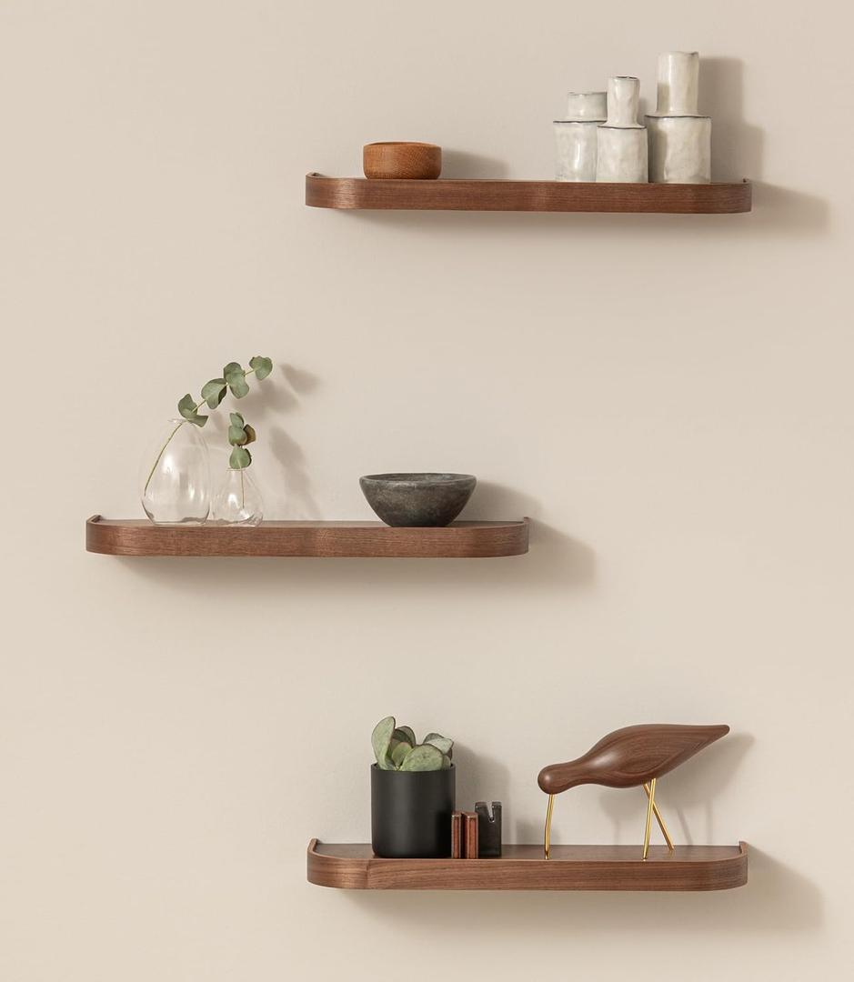 Kazai. 18.5 inches Floating Shelves for Wall 'Toke' | Set of 3 Small Mounted Wooden Shelf Units | Modern Wall Decor & Storage for Living Room, Bathroom, Kitchen, Bedroom & More | Walnut