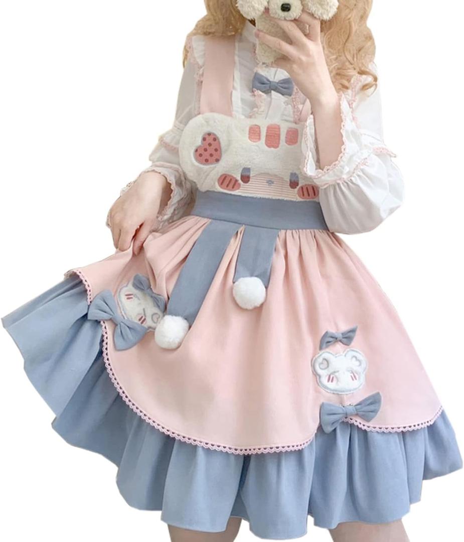 Packitcute Teens Japanese Kawaii Lolita Costume Plush Cute Bear Suspender Dress Sweet High Waist Princess Party Dresses (Medium, Pink)