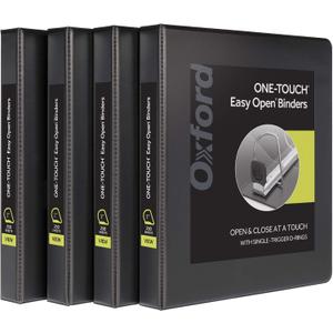 Oxford 3 Ring Binders, 1 inch ONE-Touch Easy Open D Rings, Durable Binders for School and Office, ClearVue, Xtralife Hinge, Non-Stick, PVC-Free, Black, Holds 250 Sheets, 4 PK (79903)