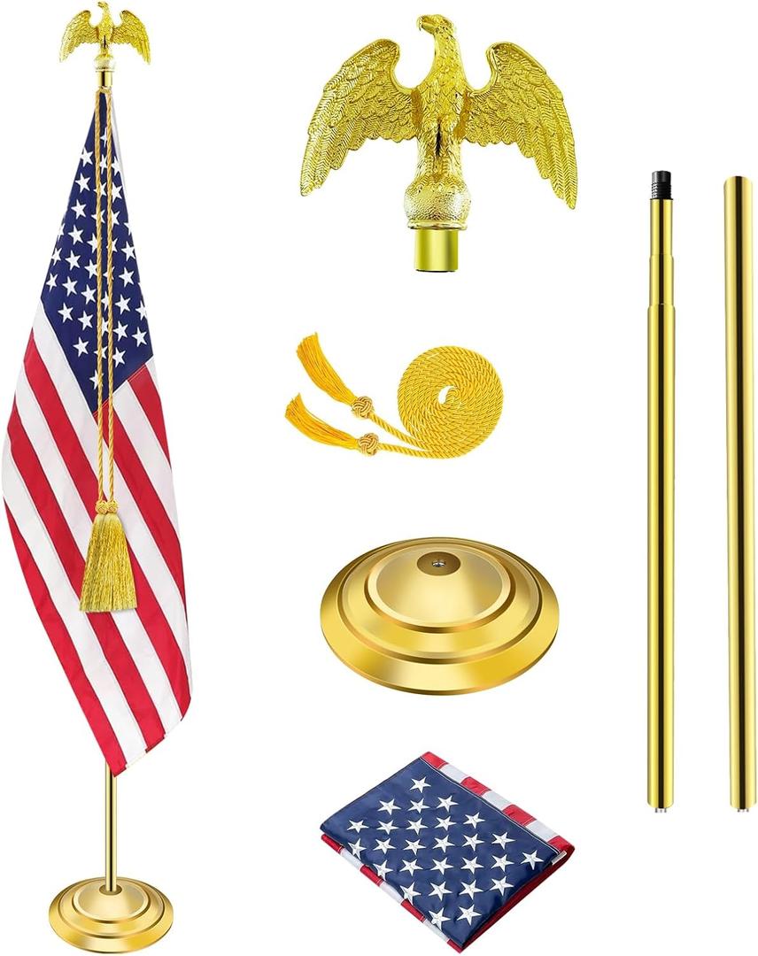 SENZHIYI Indoor Flag Pole Kit with Golden Eagle Topper - 6-8ft Stainless Steel Commercial Indoor Flagpole with Embroidered US Flag, Heavy Base for Home Office Government DepartmentGolden 1 Pack