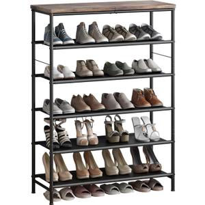 Shoe Rack Organizer 6 Tier Metal Organizer Shelf with Industrial MDF Board and Layer Fabric for Entryway Closet Bedroom Living Room Garage,Black & Rustic Brown (Black+Rustic Brown, 6 Tier)