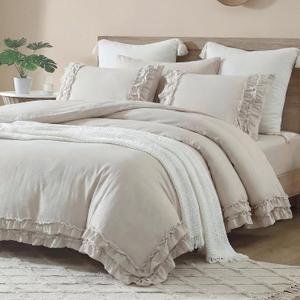 Bedorm Beige King Comforter Set Ruffled Bedding Comforter Shabby Chic Ruffle Fringe Coquette Bedding Boho Farmhouse Quilt Bedding Set for All Season