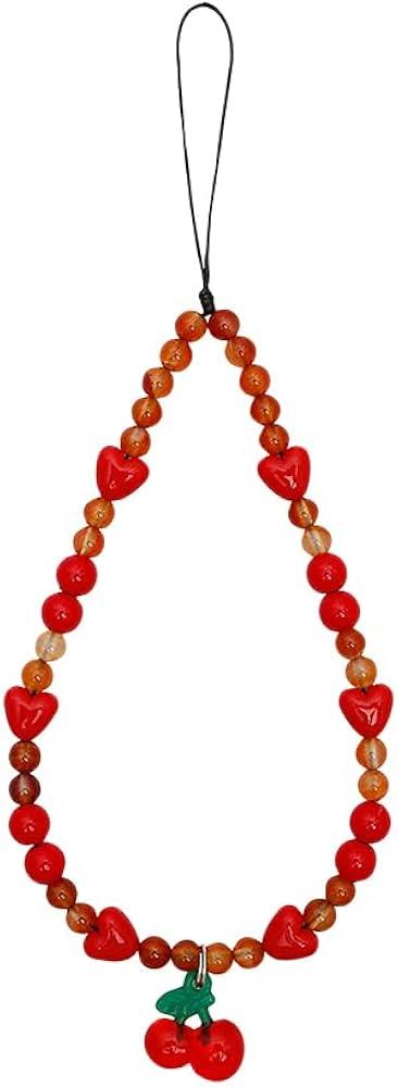 Red Cherry Phone Charm Beaded Heart Phone Wrist Strap Cell Phone Bracelet Charm Camera Wrist Lanyard Strap Phone Key Chain String Decorative Phone Charms