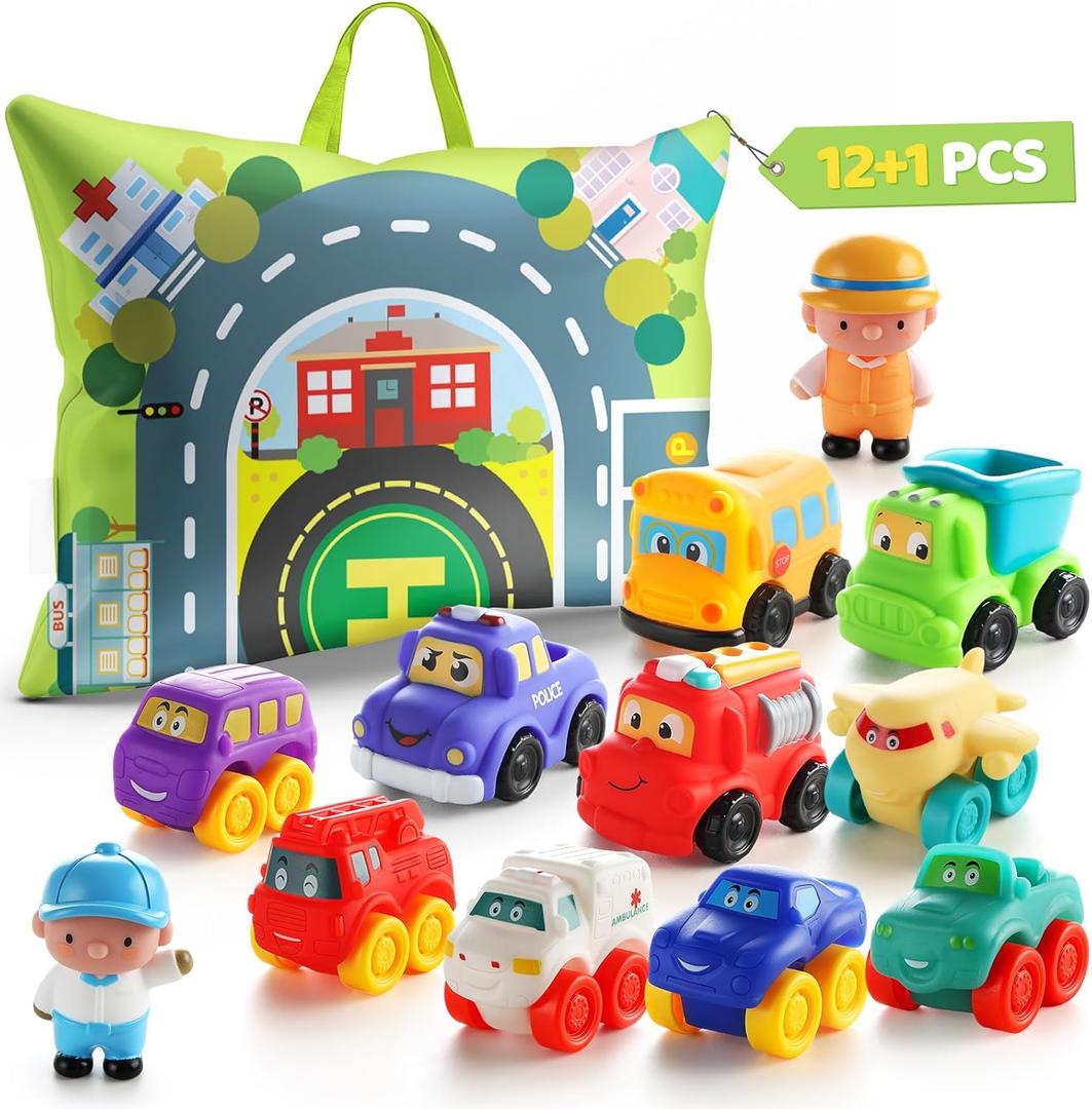 Soft Rubber Toy Figure Car for 1 Year Old Boy with Playmat (Storage Bag)|12 PCS Cartoon Cars Baby Toys for 12-18 Months & Toddler Age 1-2|First Birthday, Valentine Gift for 1 2 3 Year Old Boy