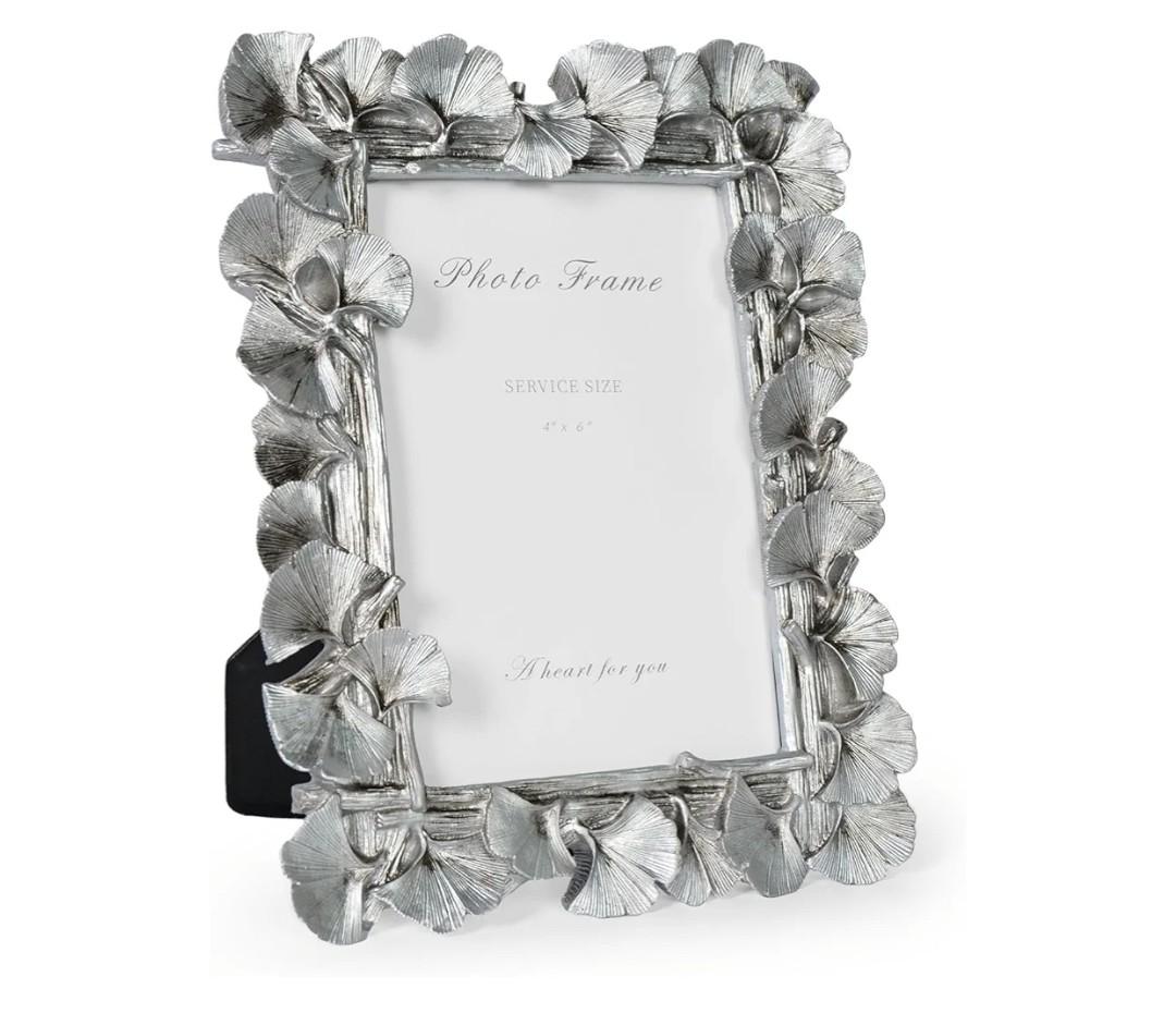 Cuspin 4x6 Silver Picture Frame, Vintage Silver Ornate Leaf Textured Hand-Crafted Resin with Glass Front Antique Photo Frame for Tabletop Display, Retro Design Home Decor