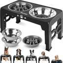 Elevated Dog Bowls, Dog Feeder with 2 Stainless Steel Dishes &1 Slow Feeder Bowl, 5 Heights Adjustable Raised Stand for Medium Large, Food Dishes with Non-Slip Feet (Black)
