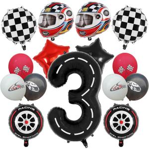 Race Car Balloons, Race Car 3 Balloons Birthday Decorations Boy Racetrack Wheel Tire Checkered Balloon 3rd Birthday for Racing Cars 3 Year Old Party Supplies, Pack of 2