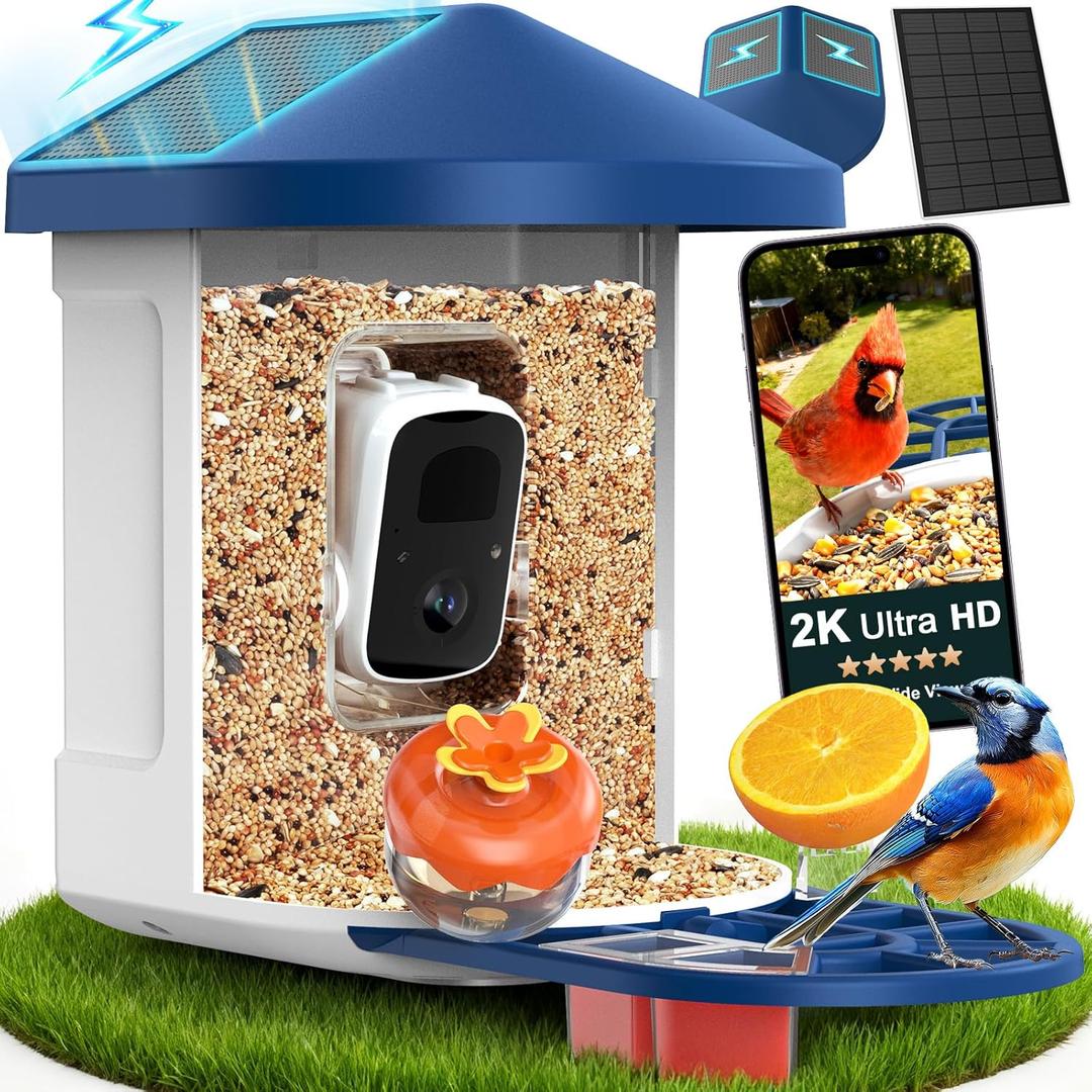 PeckCam Bird Feeder with Camera with AI Identify 10000+ Birds Species, 3 Solar Panels, 2K Live View, Instant Arrival Alerts, Smart Bird House with Cam, Gift for Bird Lovers (Blue)