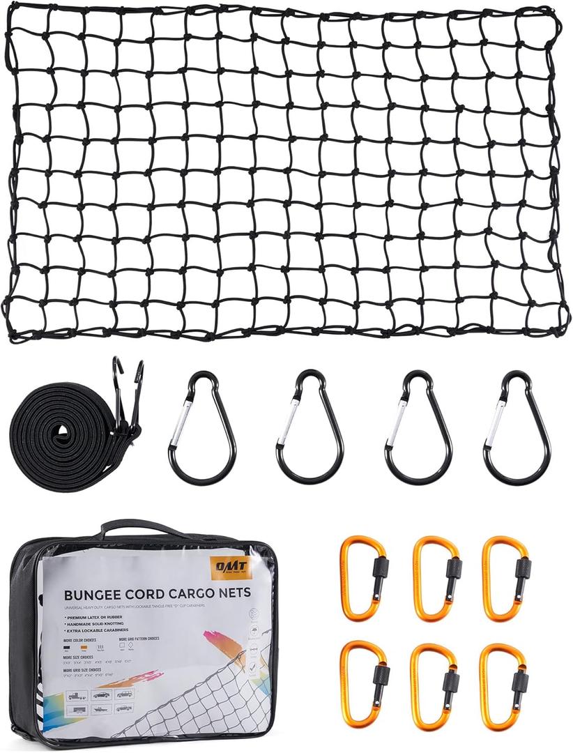 Orion Motor Tech 2'x3' Small Cargo Net with 2"x2" Small Mesh, 4x6 Foot Max Size Cargo Net for SUV Roof Rack Cargo Basket Net with Locking Carabiners, Ratchet Strap, Roof Rack Net (Black)