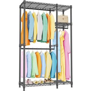 IZEUK 2 Combination Heavy Duty Garment Rack Wire Clothes Rack for Hanging Clothes, Metal Freestanding Closet Wardrobe Rack with 3 Rods Black 15.7" D x 43.3" W x 76.5" H
