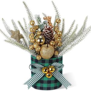 Valentines Day Decorations Valentine's Day Table Centerpieces Buffalo Check Plaid Artificial Tree Decor with Pine Cone Berry Gifts for Festival Winter Party Indoor Home Office Decor(Gold)