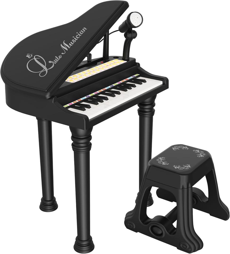 Kids Piano Keyboard Toy, Toddler Electronic Musical Instrument Educational Toy with Microphone, Multiple Sounds, Record Playback, Lights & Stool, Birthday Gift for 3 4 5 6 7 Years Old Girls